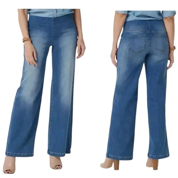 NYDJ | Pull On Wide Leg Jeans Clean Maele Blue Denim Stretch Pants Size 0 - Picture 1 of 10